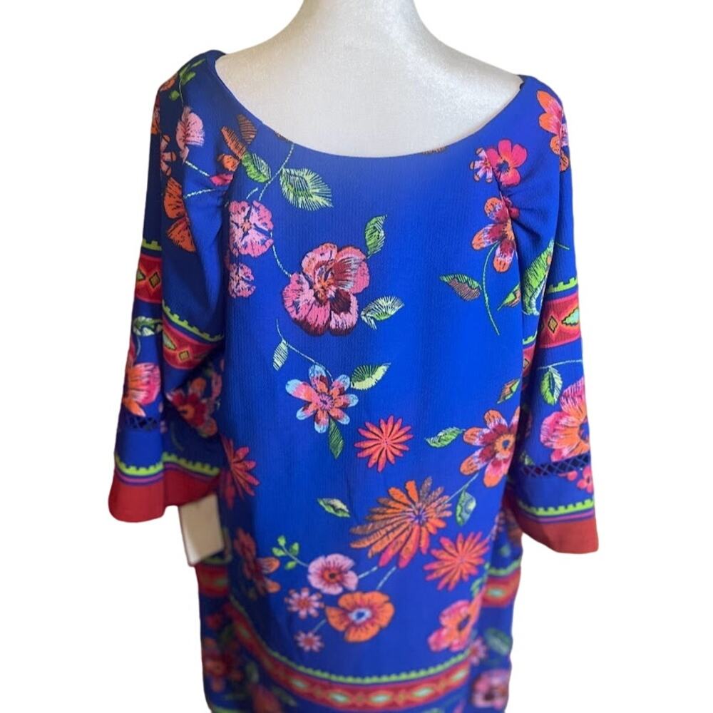 Chris McLaughlin Blue Floral Print 3/4 Sleeve Shift Dress Size 16‎ NWT